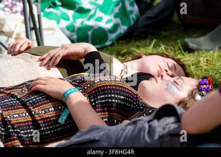 MÜDE FREUNDE MIT GESICHTSGLITTER SCHLAFEN AUF EINEM FESTIVAL, REPORTAGEN, GREEN MAN FESTIVAL 2016, BRECON, WALES, UK, 2016: Zwei junge Frauen mit Glitter im Gesicht werden friedlich schlafend auf dem Gras bei einem Open-Air-Musikfestival gesehen. Foto: Rob Watkins. INFO: Das Green Man Festival begann 2003 in Wales. Jährlich findet es am dritten Wochenende im August in den Brecon Beacons statt und feiert alternative Musik, Kunst, Literatur, Wissenschaft und familienfreundliche Kultur in einer wunderschönen Berglandschaft. Stockfoto