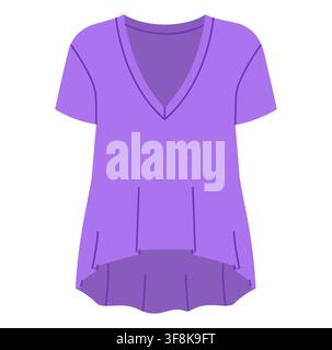 Lila V-Ausschnitt Kurzarm-T-Shirt mit ausgestelltem Saum und entspannter Silhouette, glatte Kontur und minimale Formgebung. Technische Modeillustration Frontansicht in Flächentönen, modernes Kleidungsmuster. Vektor Stock Vektor