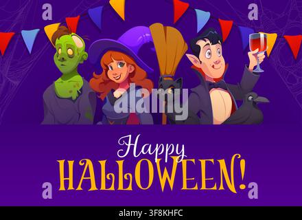 Fröhliche Halloween-Grußkarte mit gruseligen Feiertagsmonstern und Charakteren, Vektor-Banner. Halloween-Gruß mit lustiger Hexe mit Besen, gruseliges Z Stock Vektor