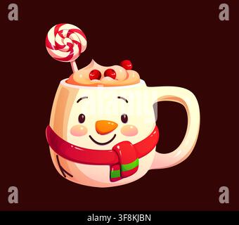 Cartoon-froher Schneemann-Kakao-Trinkbecher, oben mit Schlagsahne und Beeren, verziert mit rotem und weißem Lutscher und in festlichem rotem Schal gewickelt Stock Vektor