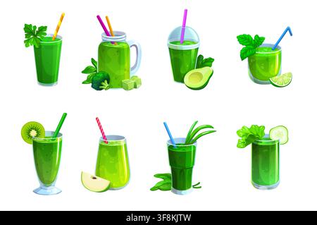 Gesunde grüne Smoothie-Drinks in Glasbechern mit Früchten und Gemüse wie Kiwi, Apfel und Avocado, Limette, Brokkoli und Gurke, Spinat und Kräutern. Stock Vektor