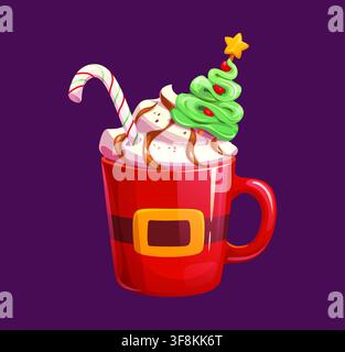 Weihnachtsbecher gefüllt mit heißer Schokolade, Kakao, Eierlikör-Dessert, oben mit Schlagsahne, Marshmallow, Karamell-Zuckerguss, Pfefferminze-Zuckerstange und Grün Stock Vektor