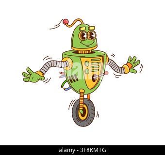 Fahrend auf einem Rad grüner Roboter-Cartoon groovy Charakter. Cyborg-Droid-Hippie-groovy-Maskottchen, künstliche Intelligenz-Roboter fröhlich isoliert Vektor pe Stock Vektor