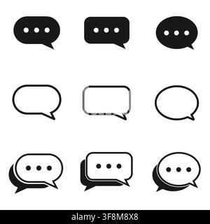 Minimale Chat-Blasen-Sammlung mit Eingabeindikatoren, umrandeten Nachrichten, sich überlappenden Gesprächssymbolen und Kommunikationssymbolen für digitale i Stock Vektor