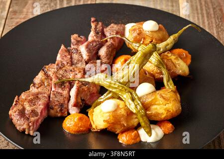 Gourmet-Europäische Gerichte einschließlich Garnelenpasta, gegrilltem Fleisch mit Gemüse und Oliven-Antipasto, serviert auf weißen und dunklen Tellern, Feinschmecker-Restaura Stockfoto