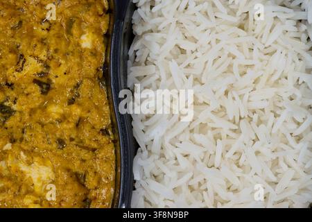 Hühnercurry und Reis-Fertiggericht scharfes Essen in Plastikbehälter Flachlage Nahaufnahme. Stockfoto