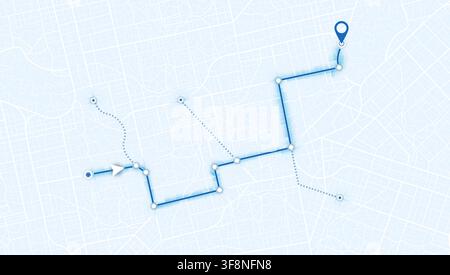 Abstrakte GPS-Navigation, Standort und Kartenzeiger. Stadtkarte mit Richtungsschildern, einem angestrebten Zielpunkt und mehreren Markierungen. Vektor Stock Vektor