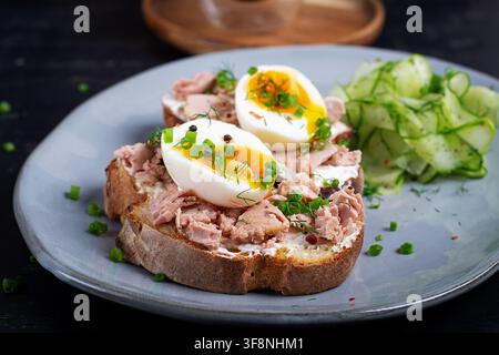 Frische hausgemachte Thunfisch-Toasts serviert mit Gurkensalat Stockfoto