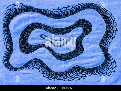 Abstrakter monochromer Texturrückgrund. Punkte, Flecken unterschiedlicher Größe und Form. Blau auf schwarzem Hintergrund. Zwischen ihnen wellige Streifen in blauer Farbe, die sich zu einem Kreis schließen. Textur von wellig zerknittertem Papier. Stockfoto