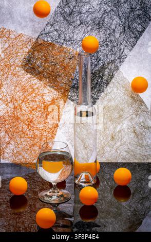 Stillleben mit Gläsern und Orangenkugeln Stockfoto
