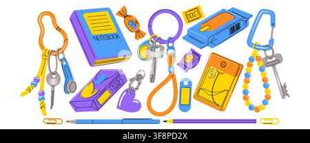 Cartoon-Set aus Schlüsselanhängern und Schreibwaren-Accessoires isoliert auf weißem Hintergrund. Vektorillustration von Schlüsselringen mit Schmuckstücken, Notizblock, Stift und Bleistift, Taschentücher, Parfümflasche, Ticket und Süßigkeiten Stock Vektor