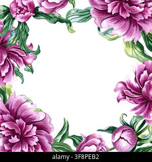 Ein Bild mit den Blüten einer rosa Pfingstrose. Eine handgezeichnete Aquarellillustration. Ideal für Gruß- und Einladungskarten, Etiketten, Verpackungen Stockfoto