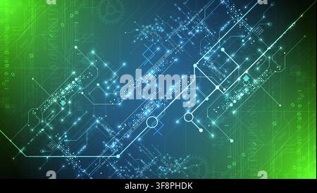 Abstrakter Vektorhintergrund einer digitalen Leiterplatte mit leuchtenden Linien und Binärcode. Stock Vektor