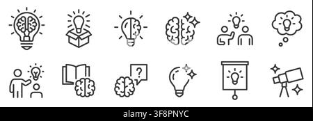Kreativitäts-Linien-Icon-Set. Idee, Brainstorming, Innovation, Problemlösung, Lernen und Wissenstransfer lineare minimale Vektorillustration. Einfach Stock Vektor