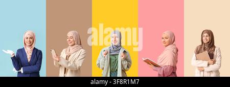 Verschiedene Gruppe von fünf lächelnden jungen muslimischen Frauen mit Hijabs auf farbenfrohen Hintergründen, verschiedene moderne Rollen und Ausdrücke Stockfoto