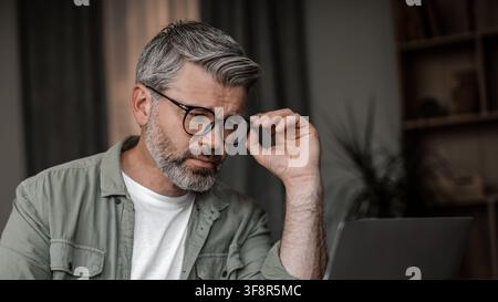 Konzentrierter mittelalter Mann kaukasischer Abstammung arbeitet an einem Laptop zu Hause, Geschäftskonzept Stockfoto