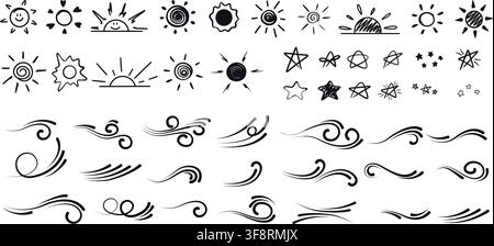 Satz von Doodle-Elementen aus Sonne, Blitzen und Sternen. Einfache handgezeichnete Symbole in Tintenoptik für Notizen-Stil-Design, Vektorgrafik Stock Vektor