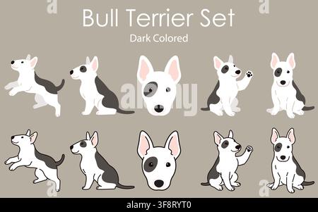 Niedliche und einfache schwarze Bull-Terrier-Illustrationen-Set Stock Vektor
