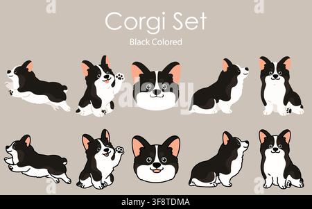 Einfache und niedliche Illustrationen von schwarz gefärbten Corgi-Hunden Stock Vektor