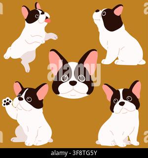 Satz flacher farbiger Französischer Bulldoggen-Illustrationen Stock Vektor