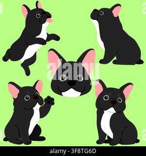 Satz von flachen farbigen Illustrationen eines schwarzen französischen Bulldoggenwelpen Stock Vektor