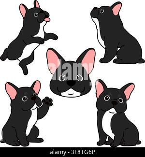 Satz von umrissenen schwarzen französischen Bulldoggen-Welpen-Illustrationen Stock Vektor