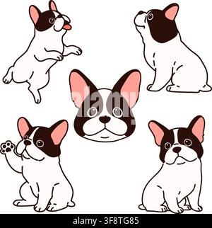 Satz von umrissenen Illustrationen eines Französischen Bulldoggenwelpen Stock Vektor