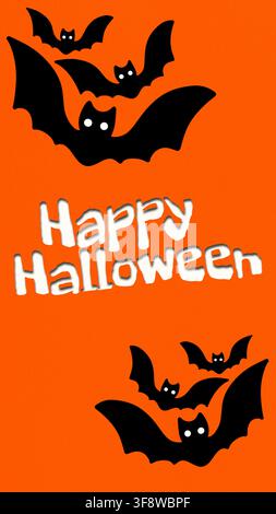 Fröhliches Halloween-Grußkartendesign mit Fledermäusen auf orangefarbenem Hintergrund vertikal. Social-Media-Stories, Handywallpapers, Poster und Grußkarten. Stockfoto