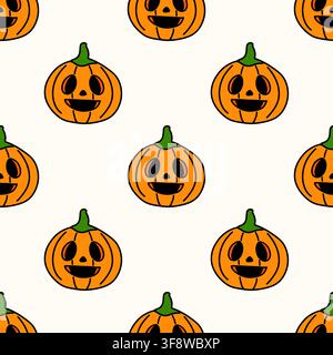 Halloween-Kürbis-Nahmuster auf weißem Hintergrund. Geschenkpapier, Partydekorationen, Grußkarten und saisonale Verpackungsdesigns. Stockfoto