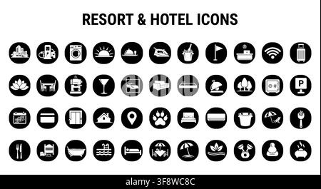 Resort- und Hotel-Symbol-Sammlung Kreis-Silhouette Reisen Gastgewerbe-Dienstleistung Vektor-Set Stock Vektor