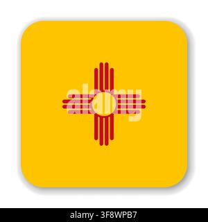 Runde quadratische Flagge des Bundesstaates New Mexico. Teil der Vereinigten Staaten von Amerika. Sauberes Design für Druck, Web oder Bildungszwecke. Vektorillustration mit weichem Schatten auf weißem Hintergrund. Stock Vektor