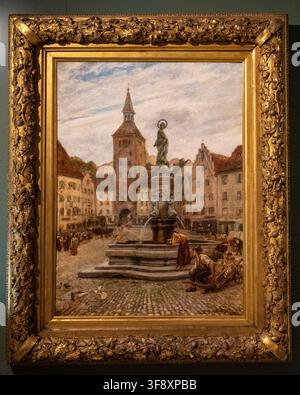 Landsberg, Deutschland - 25. Jul 26: Gerahmtes Gemälde eines historischen Stadtplatzes mit Brunnen und Turm, ausgestellt im Mutterturm in Landsberg am Lech, Ba Stockfoto