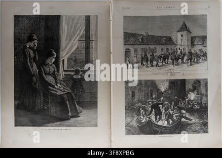 Landsberg, Deutschland - 25. Jul 26: Offenes antikes Exemplar von The Graphic mit Schwarzweiß-Illustrationen, ausgestellt im Mutterturm-Museum. Stockfoto