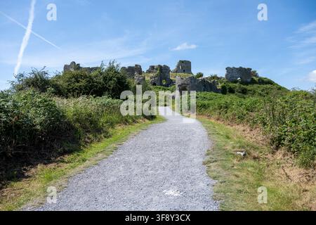 Schotterweg, der zu den mittelalterlichen Steinruinen von Dunamase Castle auf dem Felsen von Dunamase in der Grafschaft Laois, Irland, ansteigt. Stockfoto