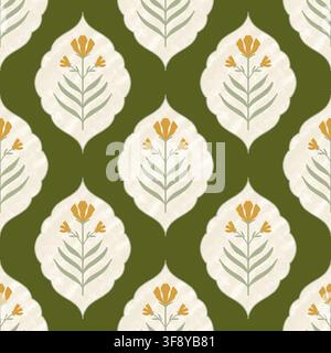 Dekorative Rahmen in Ogee-Form mit gelben botanischen Blumenmotiven auf olivgrünem Hintergrund. Stockfoto