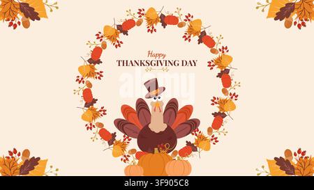 Niedliche Truthahn-Herbstblätter und Kranz-Einladungsvorlage für Thanksgiving. Für Grußkarten-Party-Einladung Druck und Webdesign, Vektorillustration. Stock Vektor