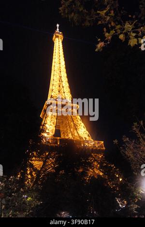 Den Eiffelturm beleuchtet in der Nacht, Paris, Frankreich Stockfoto