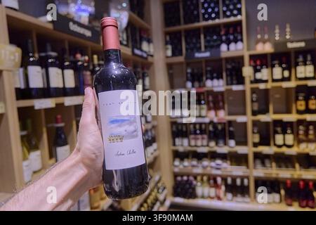 Vent de Face Chateau Chillac, eine Flasche Rotwein mit dem Etikett Adone im Weinregal des Ladens, Alkoholkonsum, Kauf, Einkaufen, Flasche, Glas Stockfoto