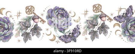 Blume mit antiker Taste und Fantasie-Schmetterling nahtloser Rand. Handgezeichnete Aquarell-Todkopfmotte, Auge Pfingstrose und Mondphase. Hexerei-Grafik für Halloween-Design. Gotischer wiederholter esoterischer Dekor. Stockfoto