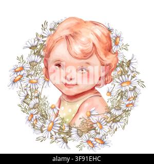 Niedliches handgezeichnetes Baby-Mädchen in einem Gänseblümchenkranz Stockfoto