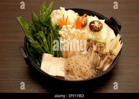 Japanische Shabu-Shabu-Hotpot-Zutaten ordentlich angeordnet mit frischem Gemüse, Pilzen, Tofu und Glasnudeln. Stockfoto