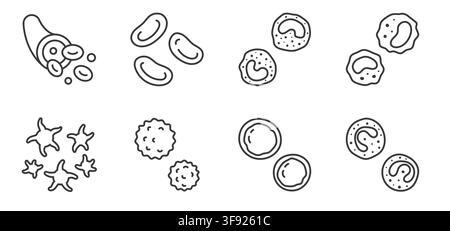 Blood Components Linien-Icon-Set. Rote Erythrozytenzellen, Blutplättchen, Basophil, Monozyten, Leukozyten, Lymphozyten, eosinophile lineare Vektorillustration Stock Vektor