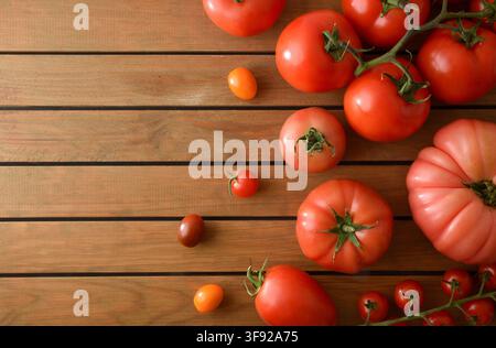 Eine Overhead-Anordnung von reifen roten Tomaten in verschiedenen Größen und Formen, verstreut über eine warme rustikale Holzoberfläche mit natürlichen Texturen und satten Farben Stockfoto