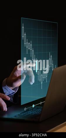 Händler analysiert Kerzenchart und Aktienmarkttrends auf einem digitalen Display Stockfoto