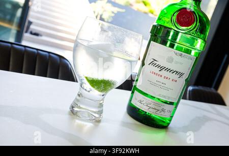 Glas und Flasche Tanqueray Gin & Tonic mit Eis und Limettenscheibe Sommergetränk 2026 Stockfoto