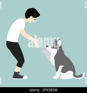 Illustration eines jungen Mannes und eines sibirischen Huskys, die sich die Hände schütteln Stock Vektor