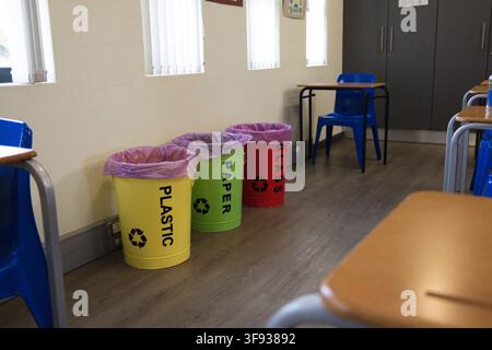 Drei Recyclingeimer stehen entlang der Klassenzimmerwand unter den Fenstern, beschriftet PLASTIK PAPIER GLAS Stockfoto