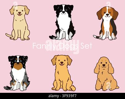 Sportliche & Familienhunde sitzend in Frontansicht Illustrationsset umrissen Stock Vektor