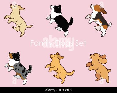 Sport- & Familienhunde springen Illustrationsset umrissen Stock Vektor