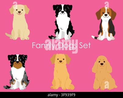 Sportliche & Familienhunde sitzend in Frontansicht Illustrationsset nicht umrandet Stock Vektor